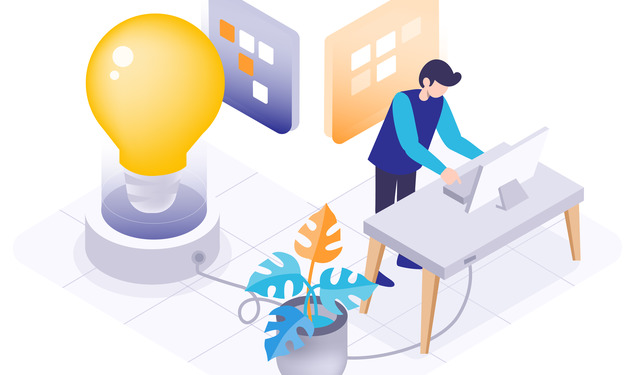 Isometric of young man working on computer vector illustration