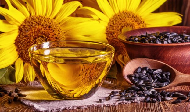 Rural still-life - the sunflower oil in glass bowl with flowers of sunflower