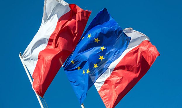 Sopot, Poland, EU flag and Polish flags