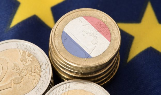Flag of France and the European Union EU and Euro coins